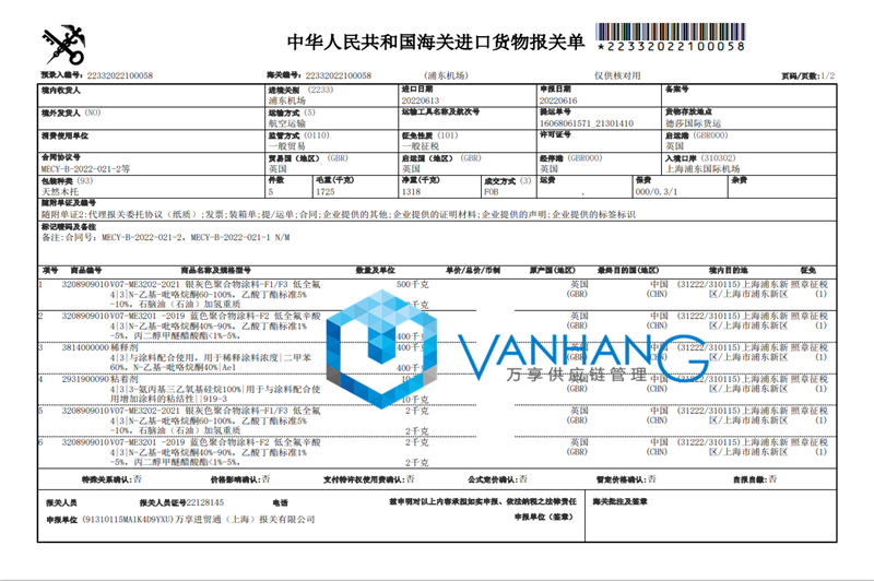 英國空運稀釋劑進口報關資料